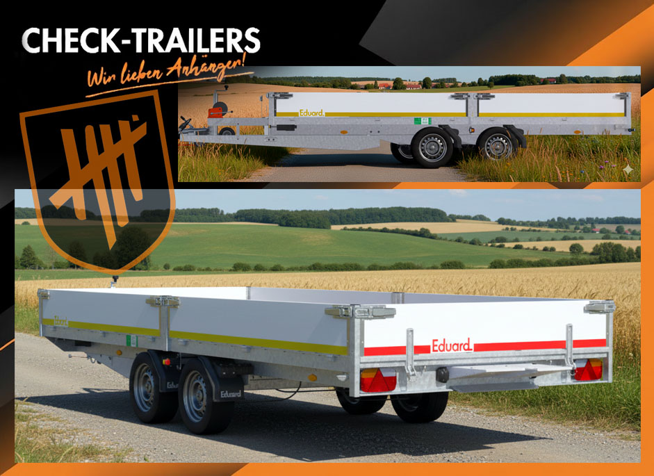 Eduard 6 m x 2 m, 30 cm Bodwände, Allzweckanhänger, Doppelachser, gebremst 3500 kg, Rampen, Stützfüße•